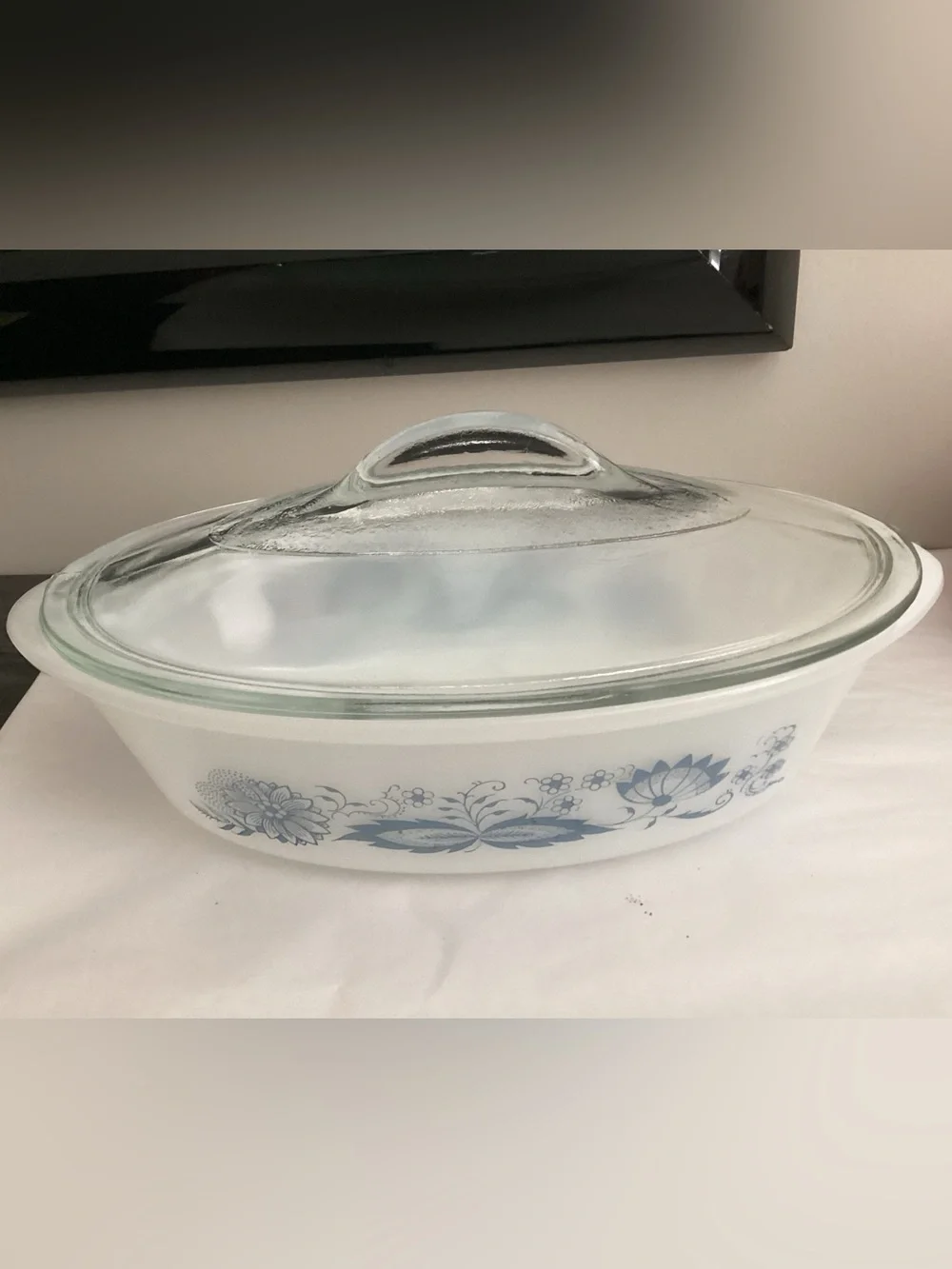 Vtg. Glas Bake white milk glass with beautiful blue flower design.